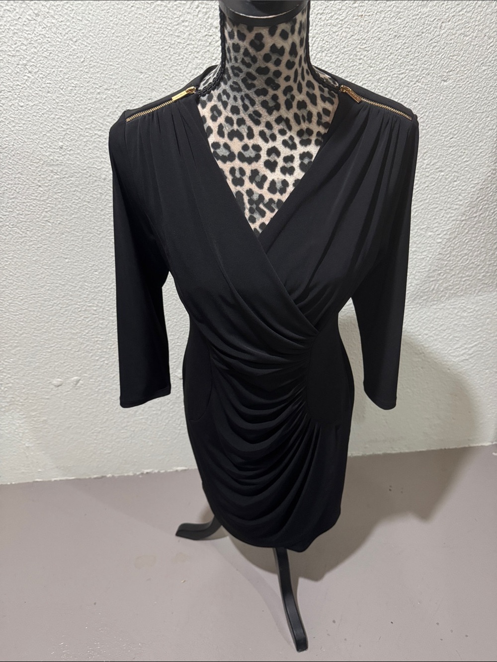 Calvin Klein Black Ruched Surplice Dress with Gold Shoulder Zips